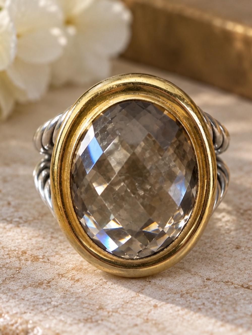 David Yurman Oval Albion Smoky Quartz Ring 925 Sterling 18K Gold Size 7